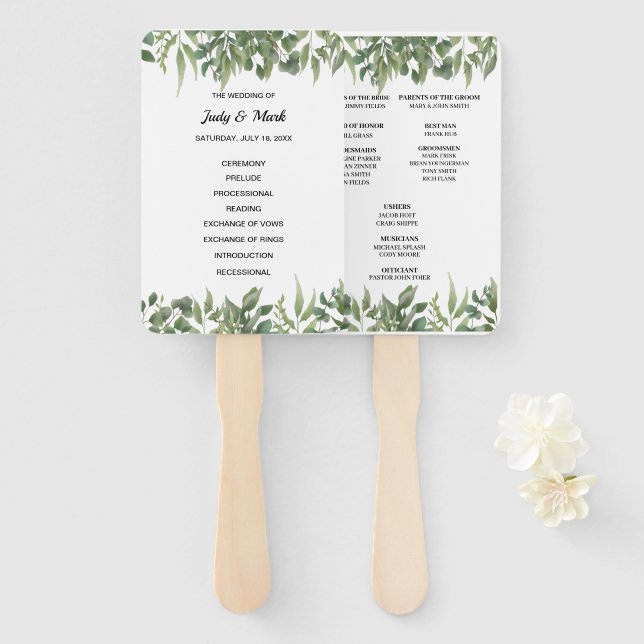 Green Leaves Greenery Foliage Wedding Program Hand Fan (Front and Back)