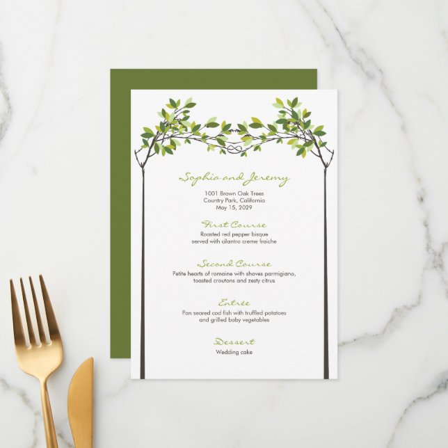 Green Leaves Knotted Love Trees Summer Wedding Menu (Front/Back In Situ)