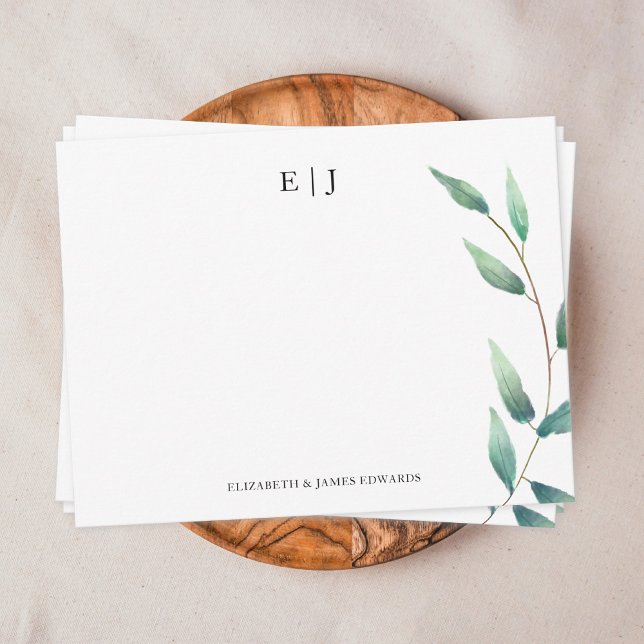 Green Leaves Monogram Couple Initials Personalised Card (couple monogram with watercolor green leaves note card on brown plate)