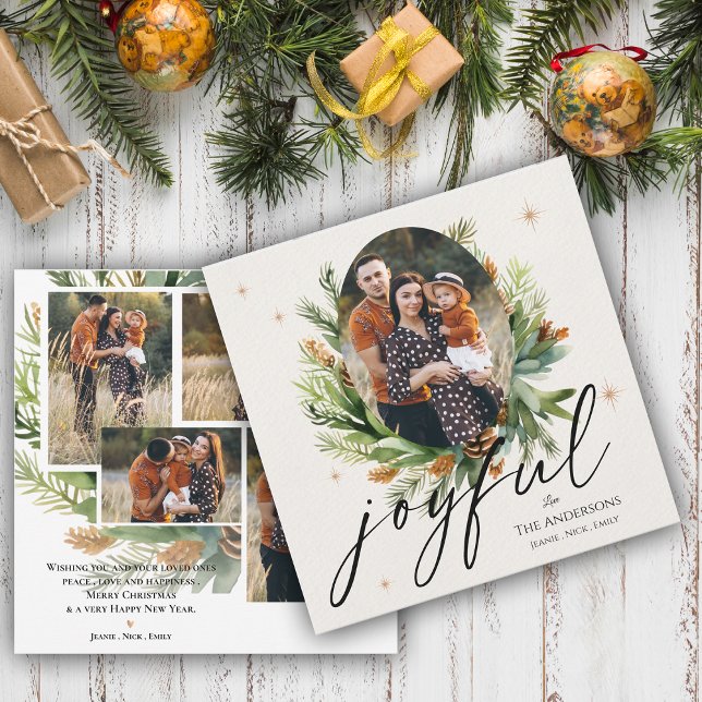 Green Leaves Multi Family Photos Joyful Christmas (Green Leaves Multi Family Photos Joyful Christmas Greeting Card)