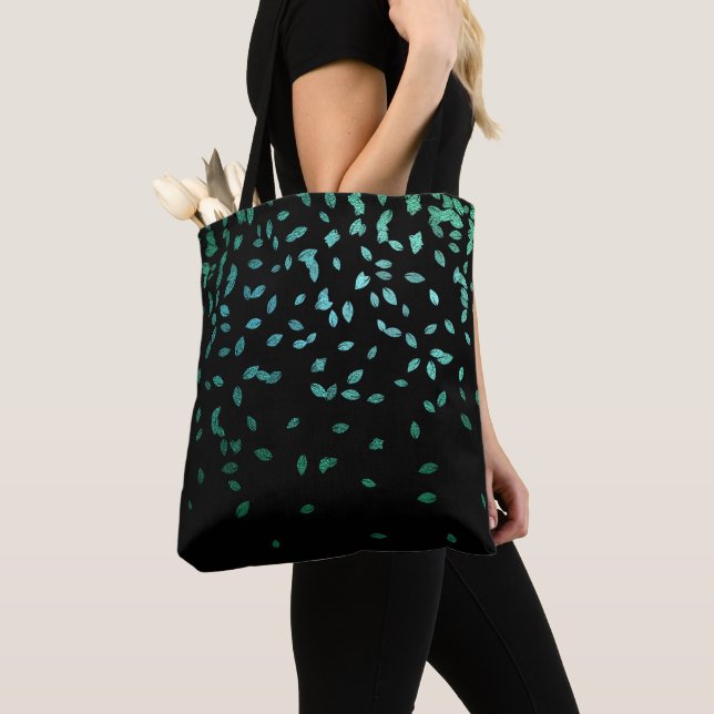 Green Leaves on Black Tote Bag (Close Up)