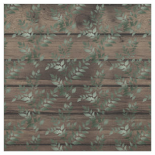 Green Leaves on Rustic Brown Wood Fabric