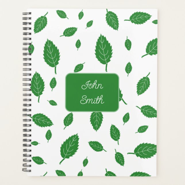 Green Leaves on White_ Floral Pattern Script Planner (Front)