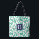 Green Leaves Pattern and Blue Monogram Tote Bag<br><div class="desc">Stylish and chic stripes and monogram design in trendy and fashionable colours.</div>
