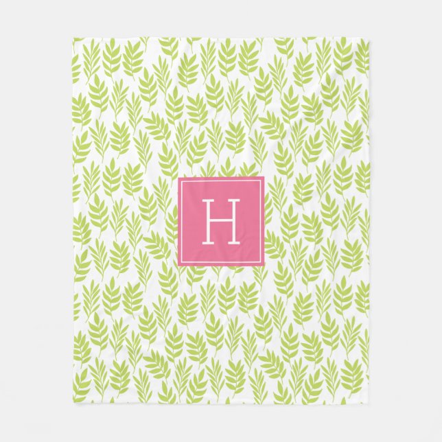 Green Leaves Pattern and Pink Monogram Fleece Blanket (Front)