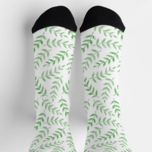 Green leaves pattern on white socks