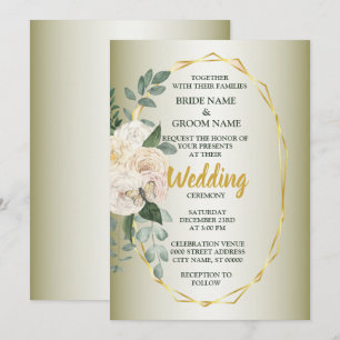 Green Leaves Pink Floral Golden Geometric Wedding Invitation