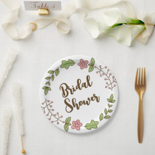 Green Leaves Pink Flower Bridal Shower Paper Plate