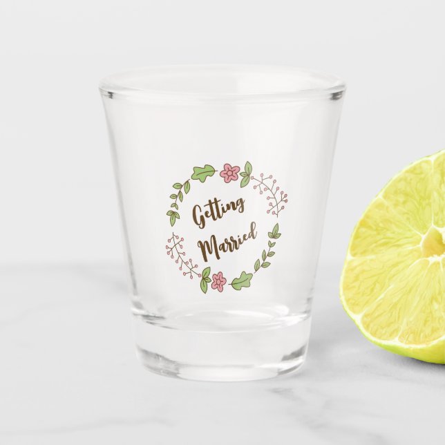 Green Leaves Pink Flower Bridal Shower Shot Glass (Front)