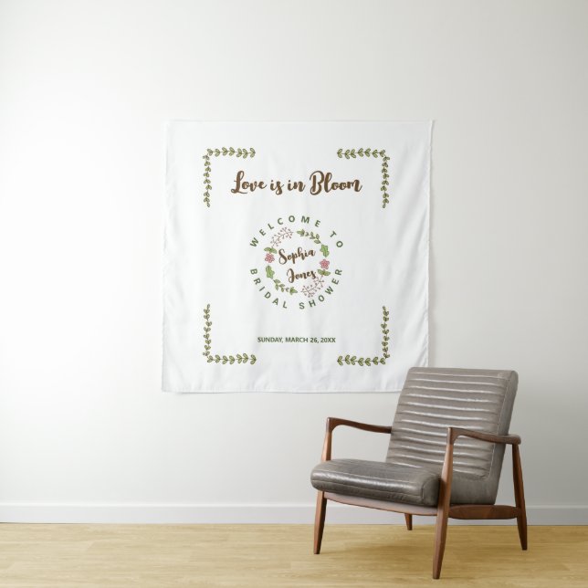 Green Leaves Pink Flower Bridal Shower Tapestry (In Situ)