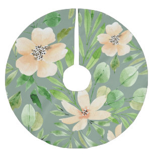 Green Leaves, Pink Flowers: Watercolor. Brushed Polyester Tree Skirt