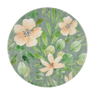 Green Leaves, Pink Flowers: Watercolor. Cutting Board