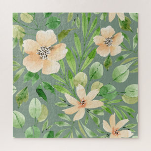Green Leaves, Pink Flowers: Watercolor. Jigsaw Puzzle