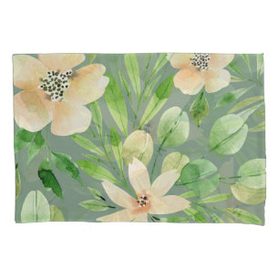 Green Leaves, Pink Flowers: Watercolor. Pillowcase