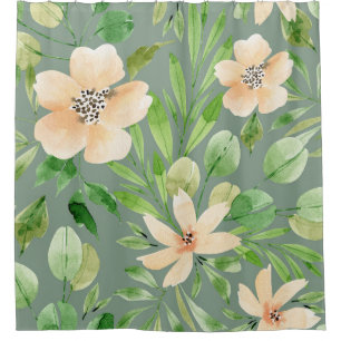 Green Leaves, Pink Flowers: Watercolor. Shower Curtain
