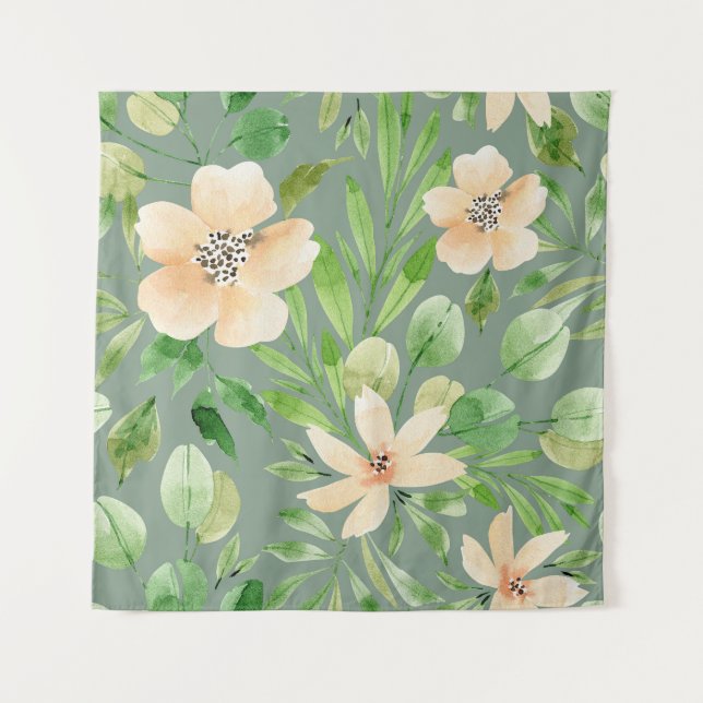 Green Leaves, Pink Flowers: Watercolor. Tapestry (Front)