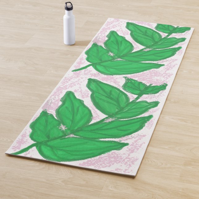 Green Leaves Pink Watercolor Yoga Mat (In Situ)