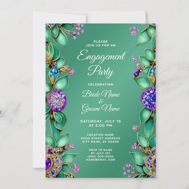 Green Leaves Purple Gemstone Engagement Invitation (Front)