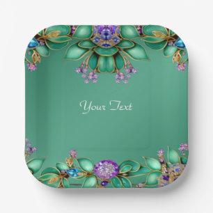 Green Leaves Purple Gemstones Paper Plate