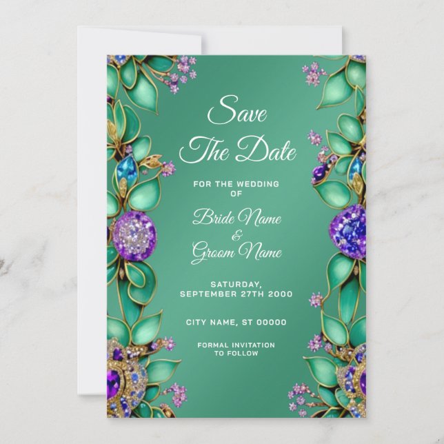 Green Leaves Purple Gemstones Save The Date (Front)