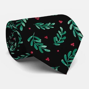 Green Leaves & Red Berries Christmas Pattern Black Tie