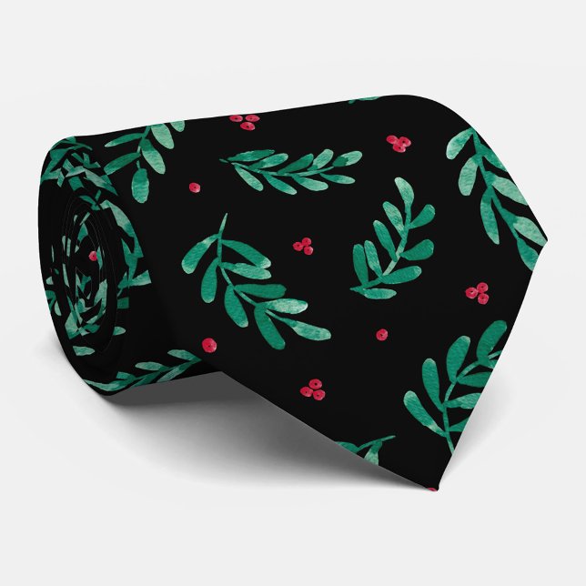 Green Leaves & Red Berries Christmas Pattern Black Tie (Creator Uploaded)
