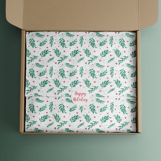Green Leaves & Red Berries Christmas Pattern White Tissue Paper