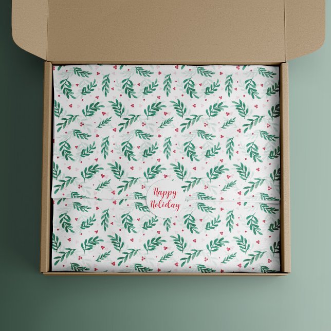 Green Leaves & Red Berries Christmas Pattern White Tissue Paper (Creator Uploaded)