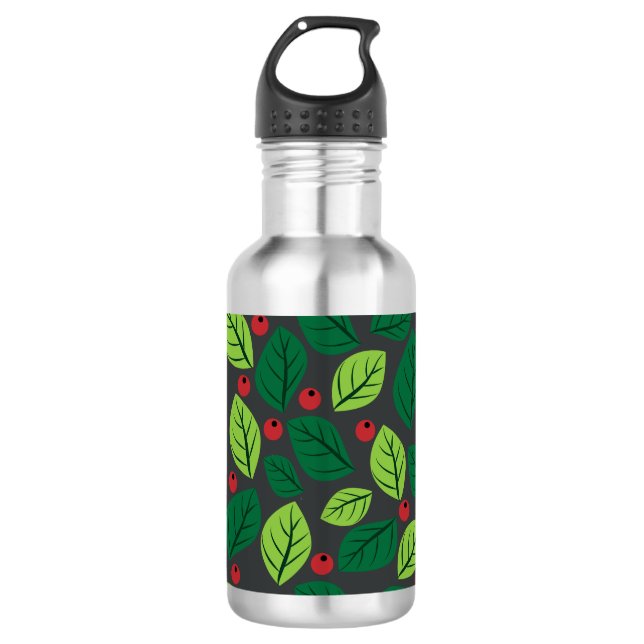 Green Leaves, Red Berries, Pattern Of Leaves 532 Ml Water Bottle (Front)