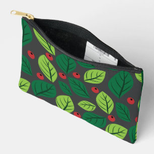 Green Leaves, Red Berries, Pattern Of Leaves Accessory Pouch