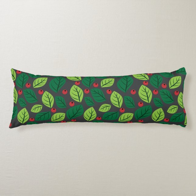 Green Leaves, Red Berries, Pattern Of Leaves Body Cushion (Front)