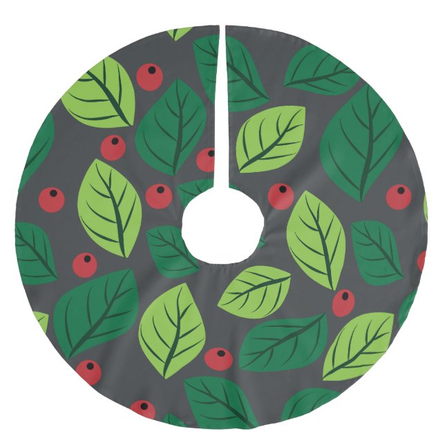 Green Leaves, Red Berries, Pattern Of Leaves Brushed Polyester Tree Skirt (Front)