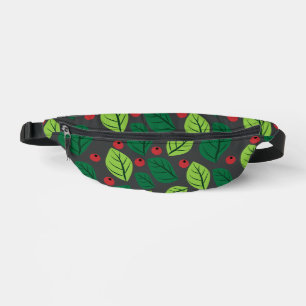 Green Leaves, Red Berries, Pattern Of Leaves Bum Bags