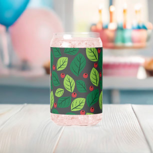Green Leaves, Red Berries, Pattern Of Leaves Can Glass