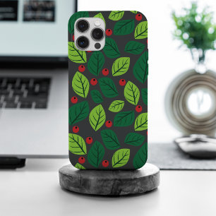 Green Leaves, Red Berries, Pattern Of Leaves iPhone 15 Pro Max Case