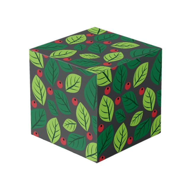 Green Leaves, Red Berries, Pattern Of Leaves Cube (Front Angled)
