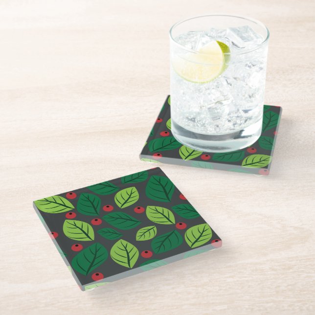 Green Leaves, Red Berries, Pattern Of Leaves Glass Coaster (Angled)
