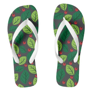 Green Leaves, Red Berries, Pattern Of Leaves Jandals