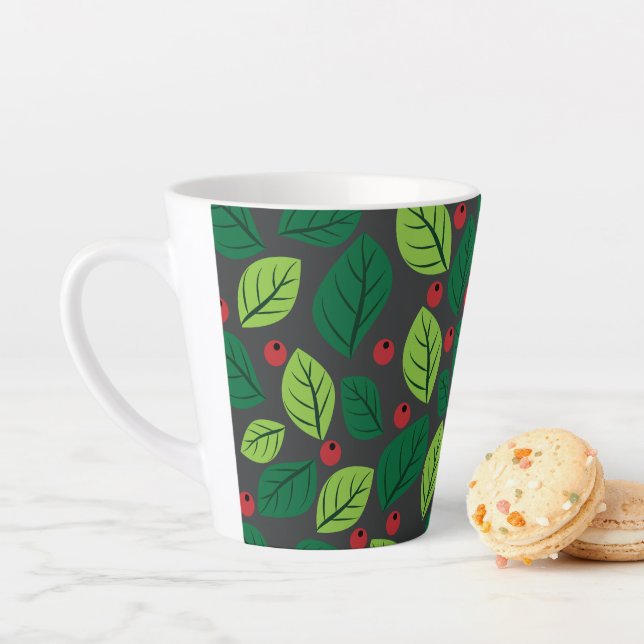 Green Leaves, Red Berries, Pattern Of Leaves Latte Mug (In Situ)