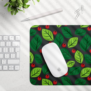 Green Leaves, Red Berries, Pattern Of Leaves Mouse Pad