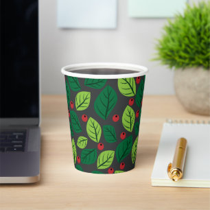 Green Leaves, Red Berries, Pattern Of Leaves Paper Cups