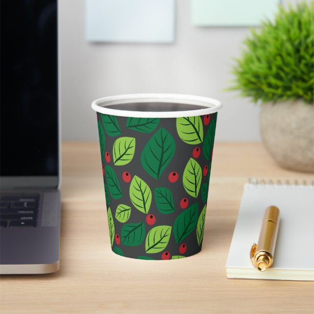 Green Leaves, Red Berries, Pattern Of Leaves Paper Cups (Insitu)