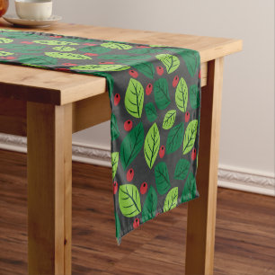 Green Leaves, Red Berries, Pattern Of Leaves Short Table Runner