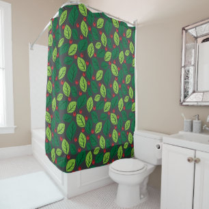 Green Leaves, Red Berries, Pattern Of Leaves Shower Curtain