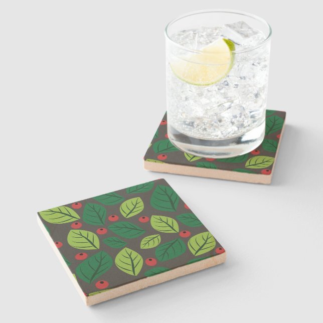 Green Leaves, Red Berries, Pattern Of Leaves Stone Coaster (Side)