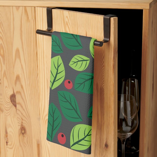 Green Leaves, Red Berries, Pattern Of Leaves Tea Towel (Thirds Fold)