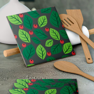Green Leaves, Red Berries, Pattern Of Leaves Tile