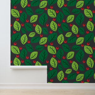 Green Leaves, Red Berries, Pattern Of Leaves Wallpaper