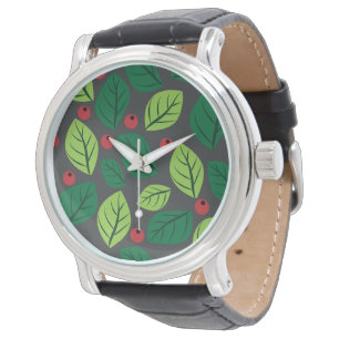 Green Leaves, Red Berries, Pattern Of Leaves Watch