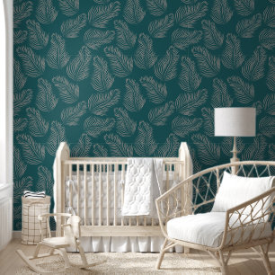 Green Leaves Regal Line Art Pattern Wallpaper